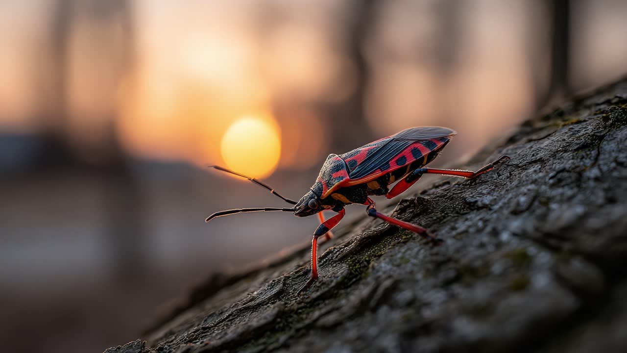 Et nært møde med et levende insekt mod en solnedgangsbaggrund, der fanger naturens skabningers kompleksitet.