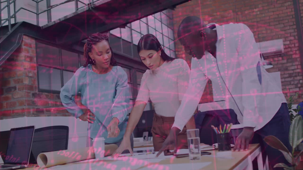 Collaborating in office, diverse team creating animation with digital data overlay