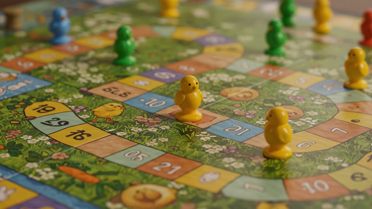 Colorful Board Game Featuring Playful Chickens on a Lush Green Background with Floral Accents and Vibrant Game Pieces in an Engaging Layout