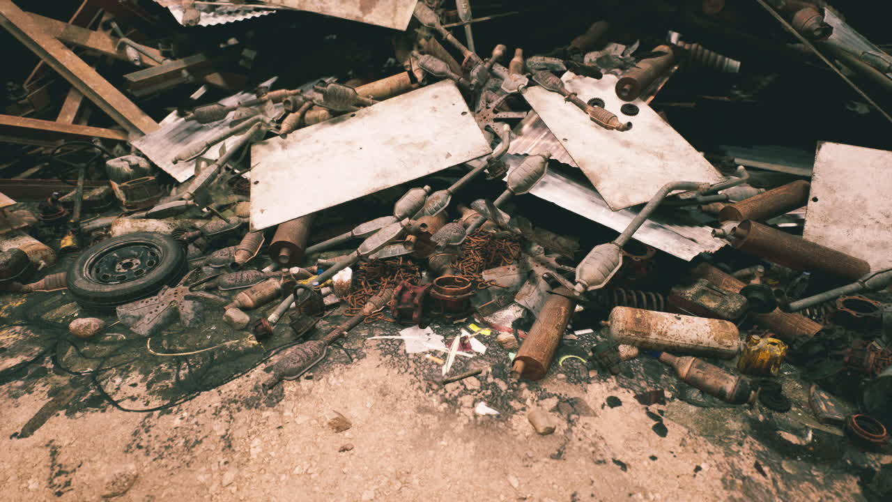 A chaotic mix of scrap metal and debris in an industrial zone