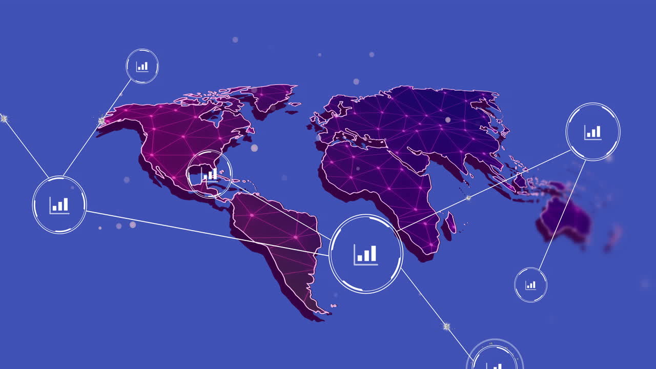 데이터 차트와 네트워크 연결을 가진 세계 지도, 파란색 배경의 애니메이션