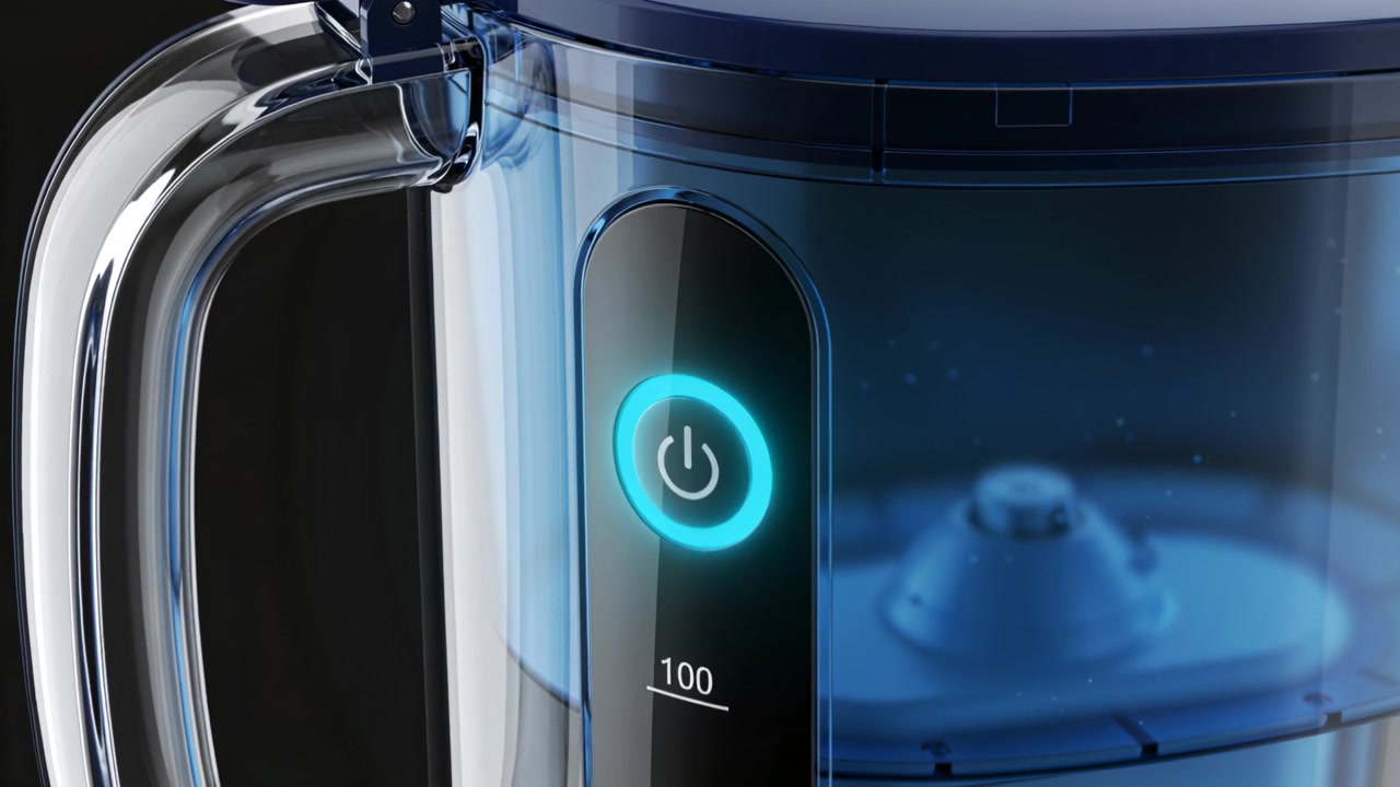 Icona di alimentazione luminosa, brocca trasparente posizionata in studio, che mostra un anello LED blu con marcatura 100 per il display.