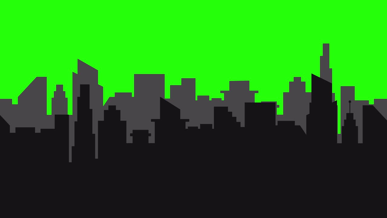 Animación de la silueta de una ciudad moderna. Paisaje urbano. Pantalla verde. 4K.