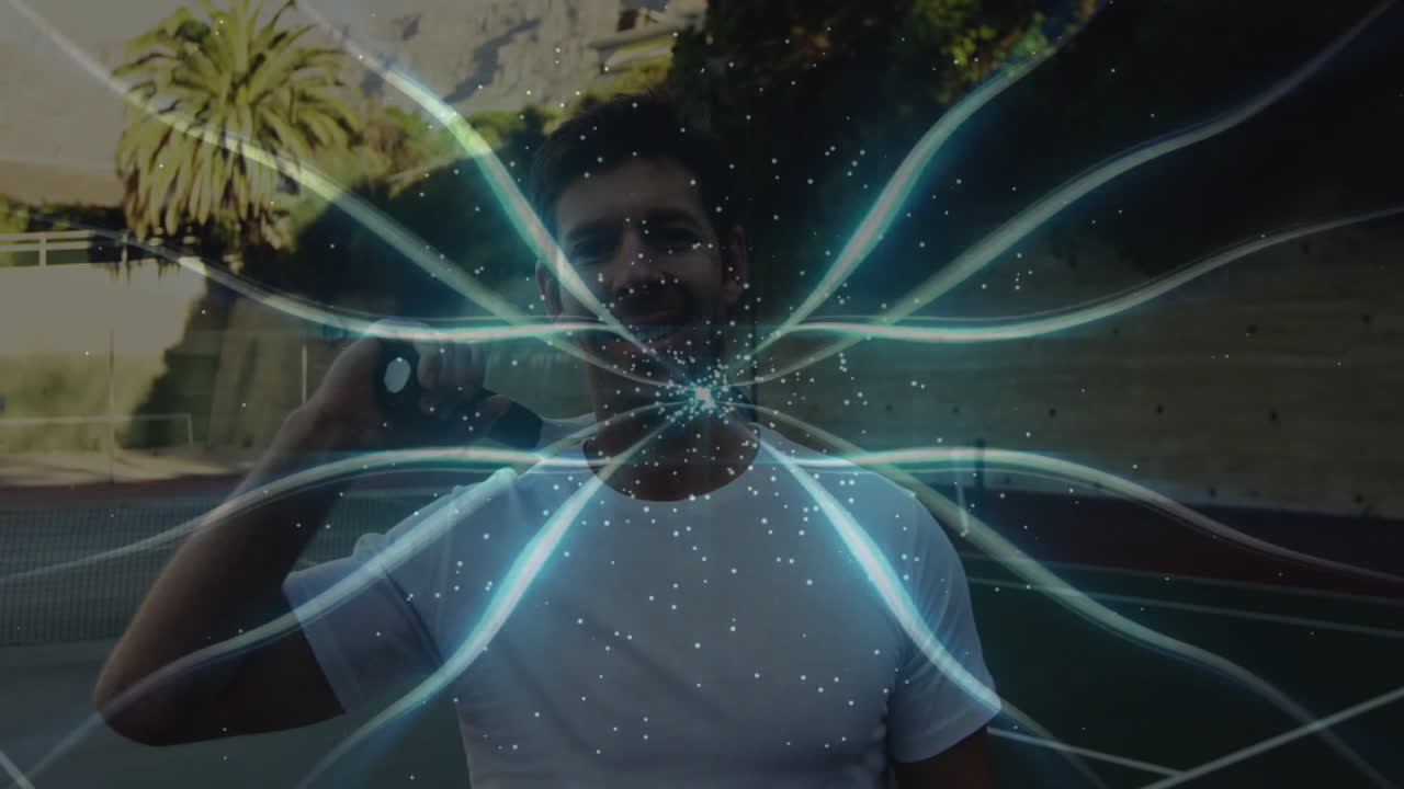 mid-adult male tennis player holding racket on outdoor court, glowing tech energy lines radiating
