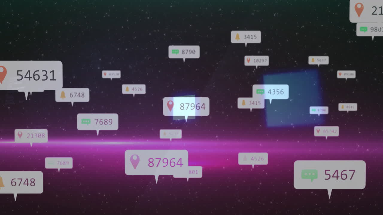 Animation of digital notifications with location icons on abstract purple background