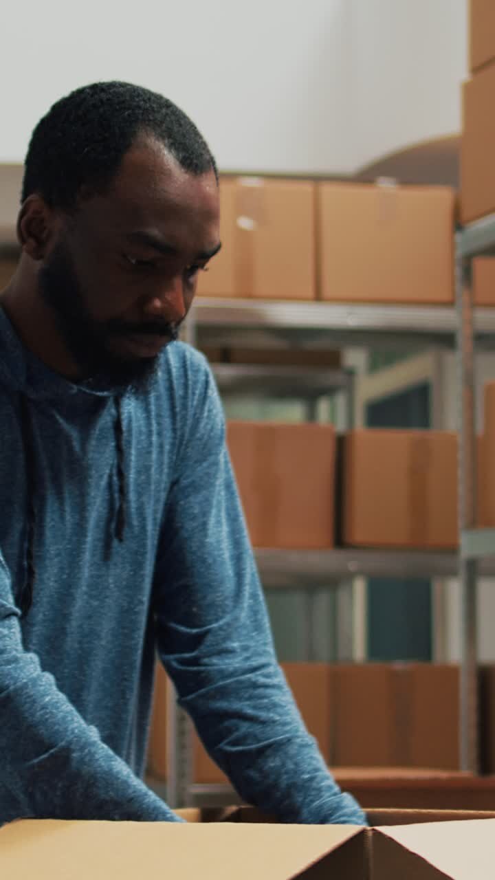 Vertical video: Young entrepreneurs working on goods shipment in warehouse space