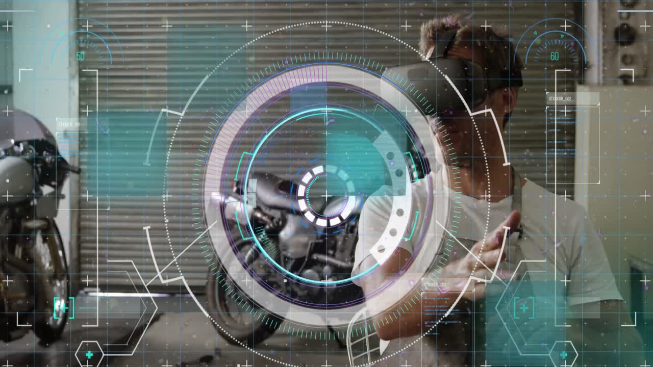 procesamiento de datos y escaneo de alcance sobre hombre caucásico con auriculares vr en el garaje