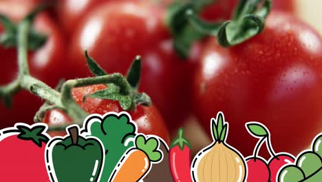 animation of vegetables icons over tomatoes