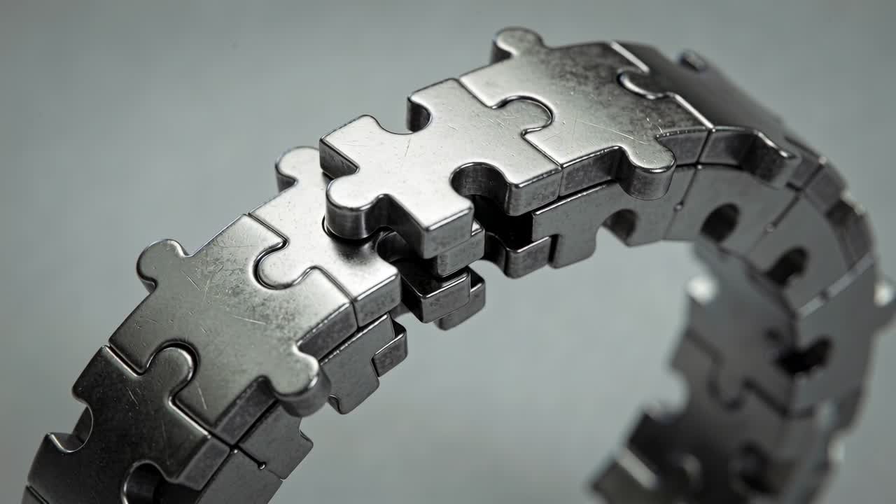 Jigsaw metal band rotating via camera pan, revealing interlocks and brushed finish for jewelry ad