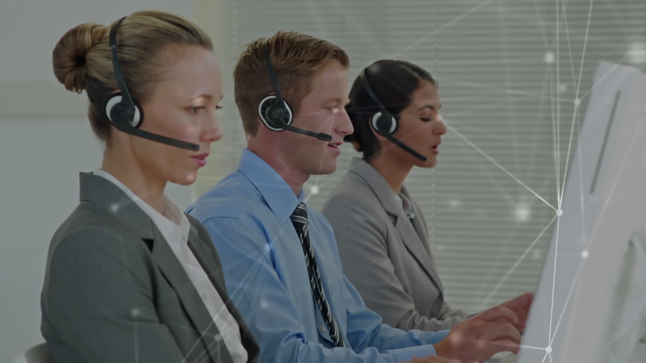 Animation of network of connections over business people wearing phone headsets