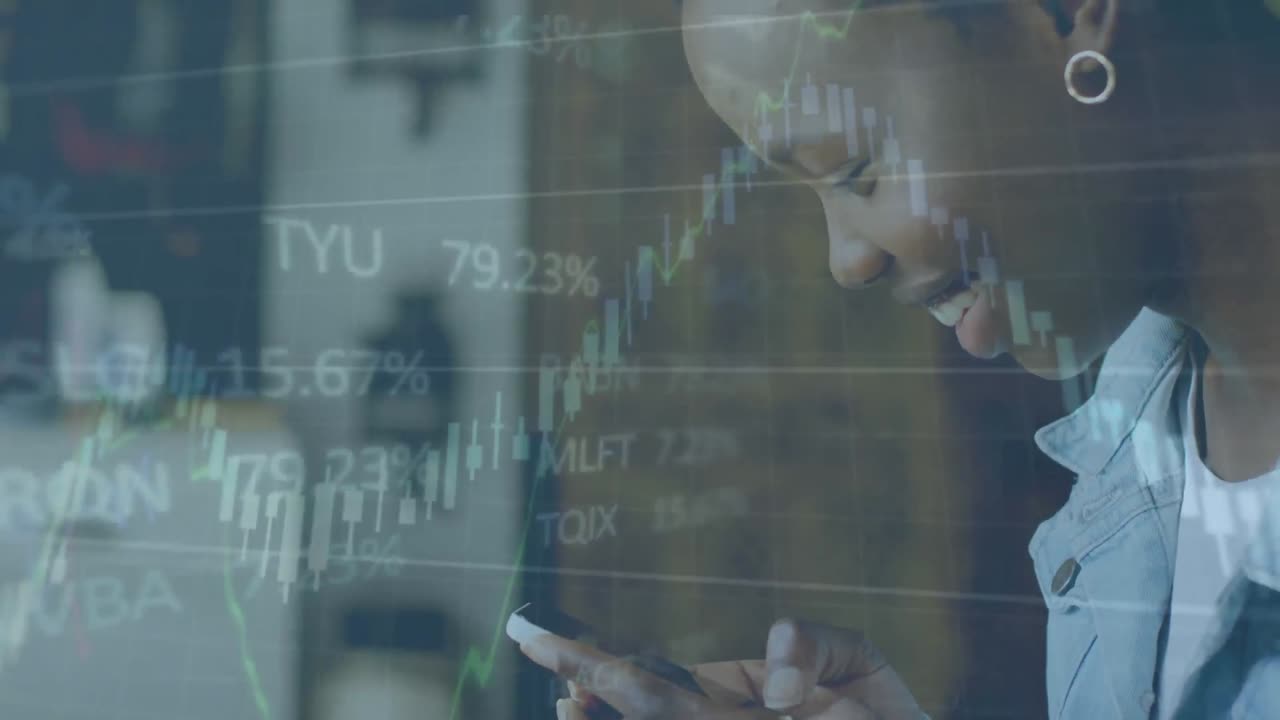 animazione dell'elaborazione di dati finanziari su donne afroamericane che utilizzano smartphone
