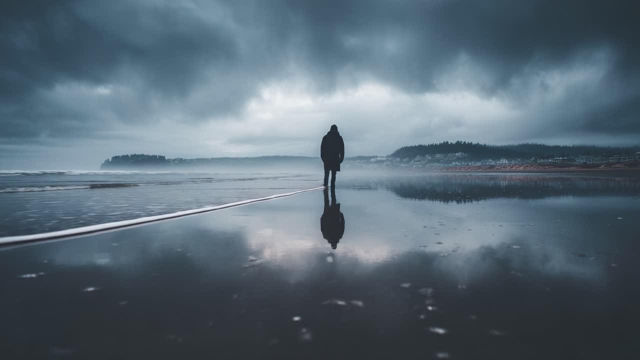 A solitary figure walks along a reflective beach, surrounded by moody skies and gentle waves, creating an atmosphere of contemplation and serenity in nature's beauty