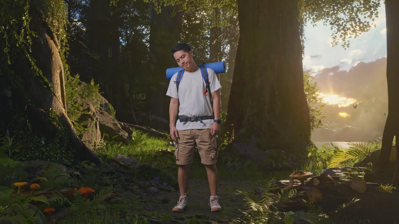 Hiker in a Forest at Sunset