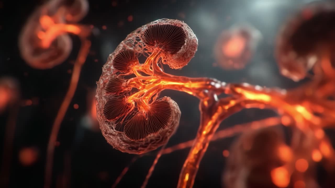 An intricate visualization of cellular structures resembling kidney nephron anatomy, showcasing vibrant networks of vascular connections and biological motifs in stunning detail