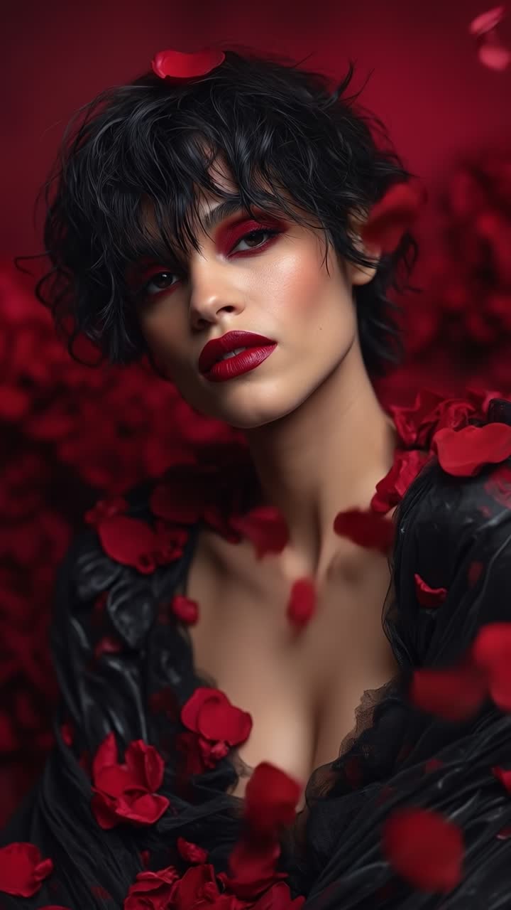 Sensual woman with short dark hair and dramatic red makeup posing with falling rose petals