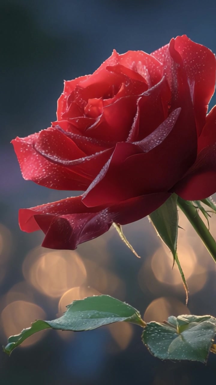 Una splendida rosa rossa catturata in due inquadrature, che mostra i suoi petali delicati e la superficie bagnata di rugiada su uno sfondo di luce splendidamente sfocato.