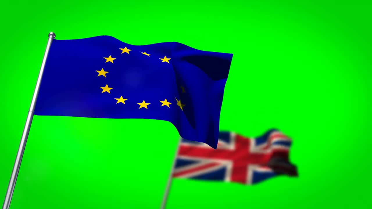 유럽 연합  ⁇ 발과 유럽  ⁇ 발이 녹색 화면에 흔들리고 있습니다.