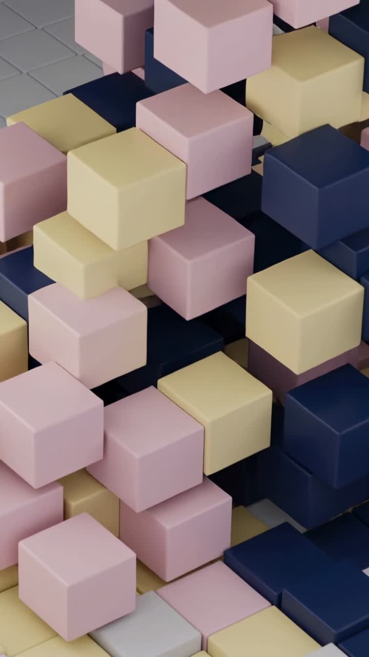 Vertical video: Playback starting, pastel cubes lifting, restacking, revealing navy void for design