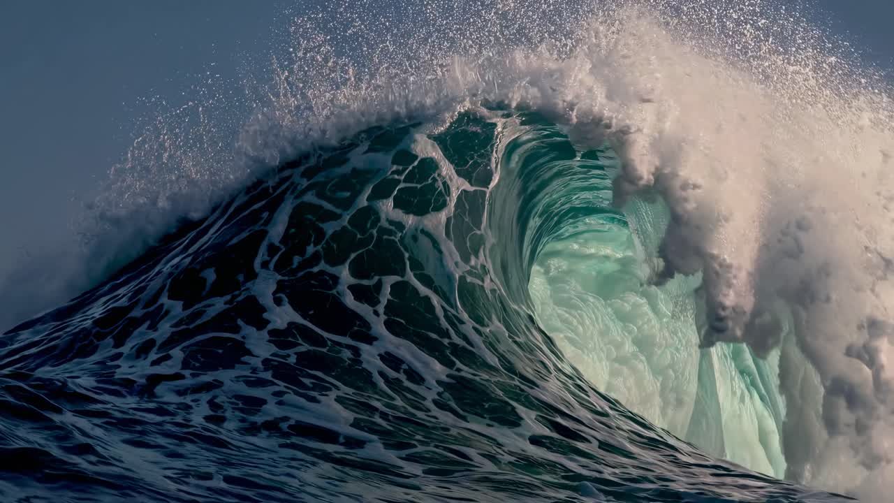 Dynamic video concept capturing a powerful ocean wave from a low-angle perspective