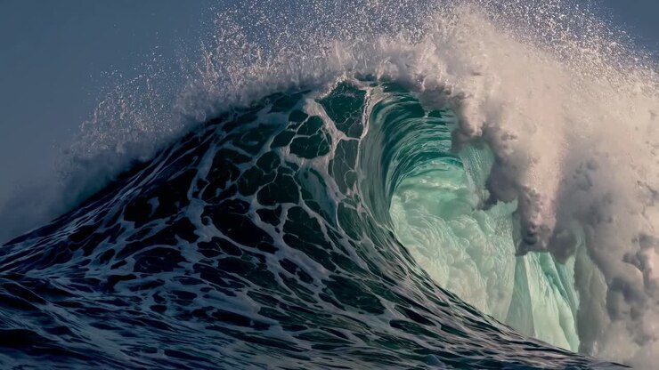 Dynamic video concept capturing a powerful ocean wave from a low-angle perspective
