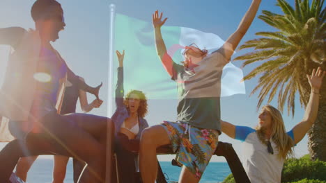 celebrating with arms raised, friends with algerian flag overlaying animation