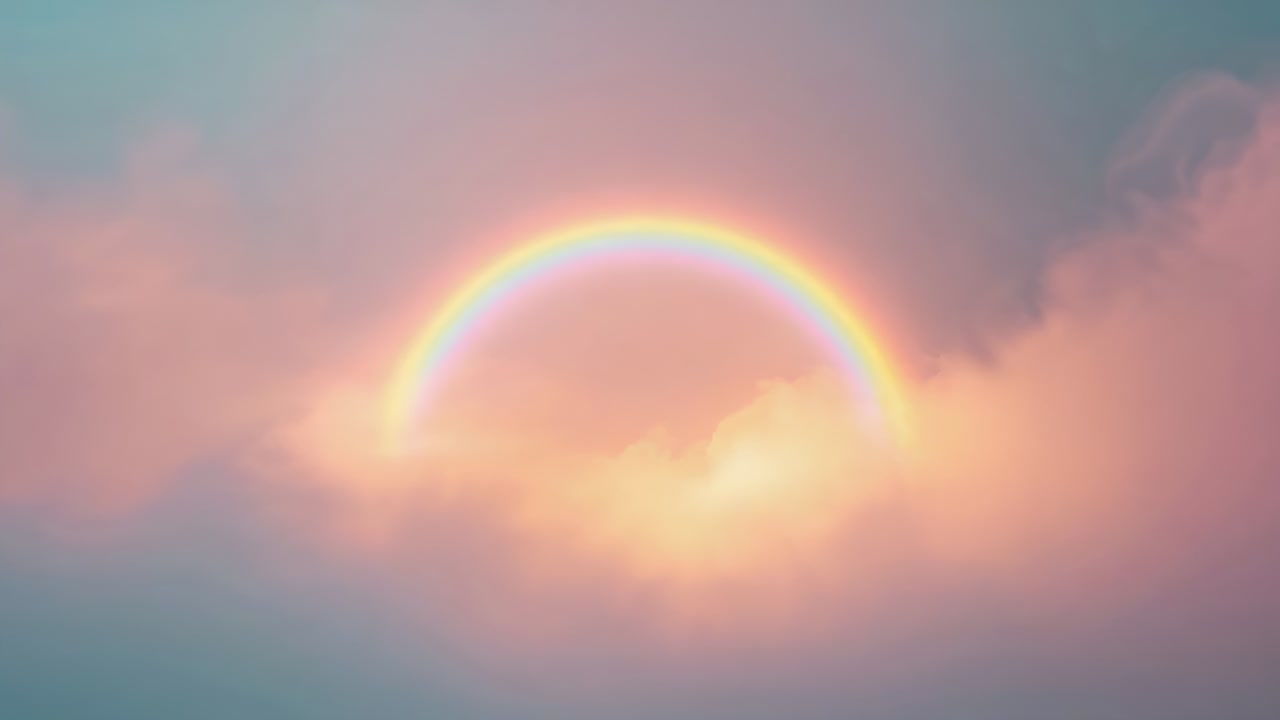 Arco-íris brilhante surgindo depois que a luz do sol rompe as nuvens, pairando sobre um banco de nuvens quentes.