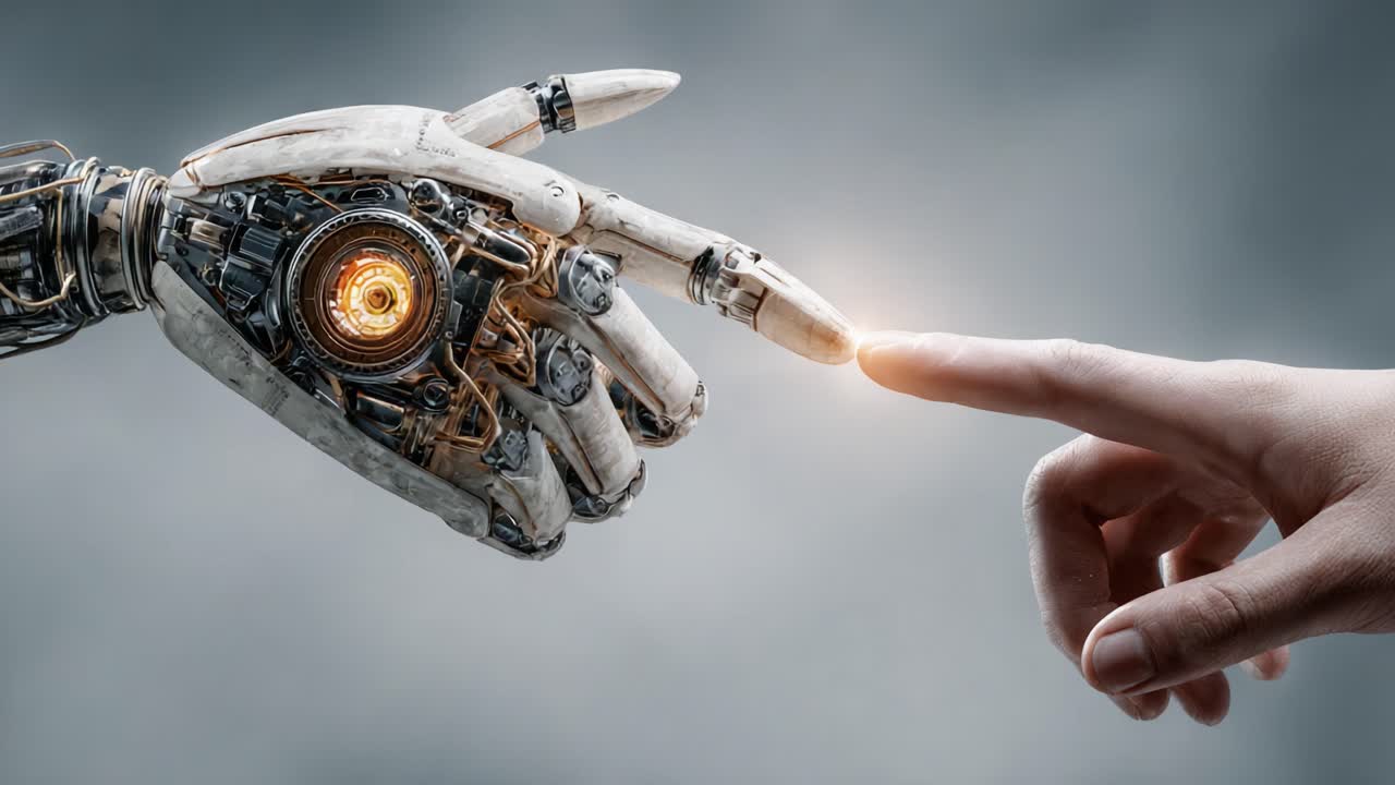 The Intersection of Humanity and Technology: A Robotic Hand Reaching Out to Connect with a Human Finger, Symbolizing a New Era of Collaboration and Innovation