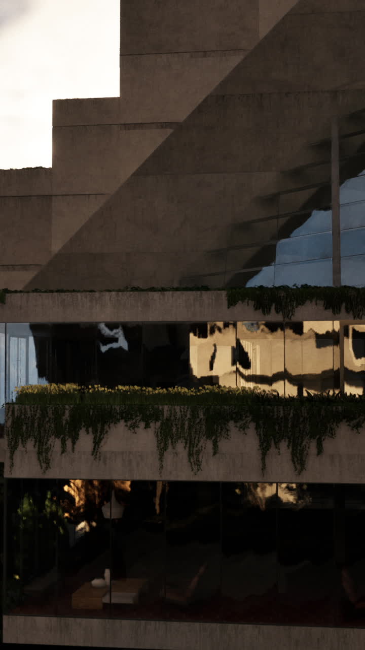 fachada de edificio de hormigón moderno con vidrio y plantas