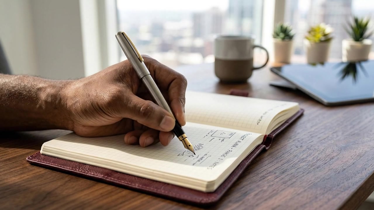 Person writing notes in a notebook in a workspace
