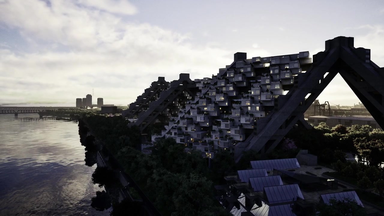 Serene sunset over concrete balconies reflecting calm water surfaces