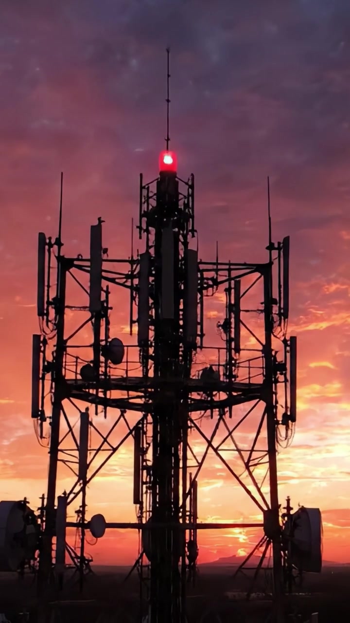 Drammatiche silhouette al tramonto contro una torre di telecomunicazioni con cieli colorati che evidenziano la tecnologia e la bellezza della natura.