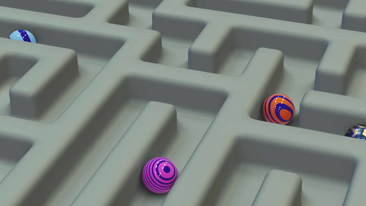 bolas de bucle de movimiento. fondo de laberinto abstracto con bolas coloridas con varios patrones. la mente de las dificultades de paso y la estrategia del camino correcto. renderización 3d fotorrealista.