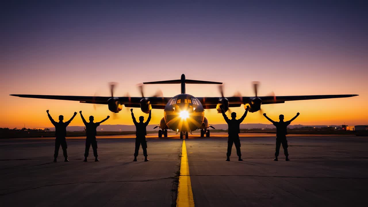 Aereo militare al tramonto con persone