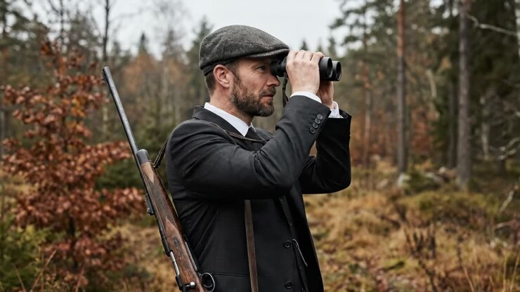 Man in Suit and Flat Cap Looking Through Binoculars in Forest