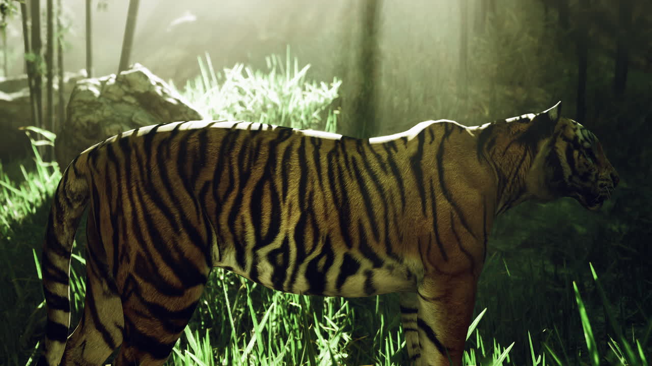 Majestic tiger moving through sunlit forest with lush greenery