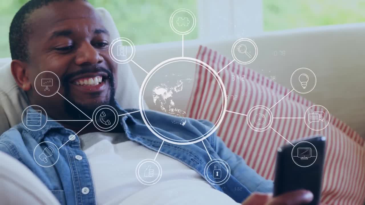 Animation of network of connections and rotating globe over man using smartphone