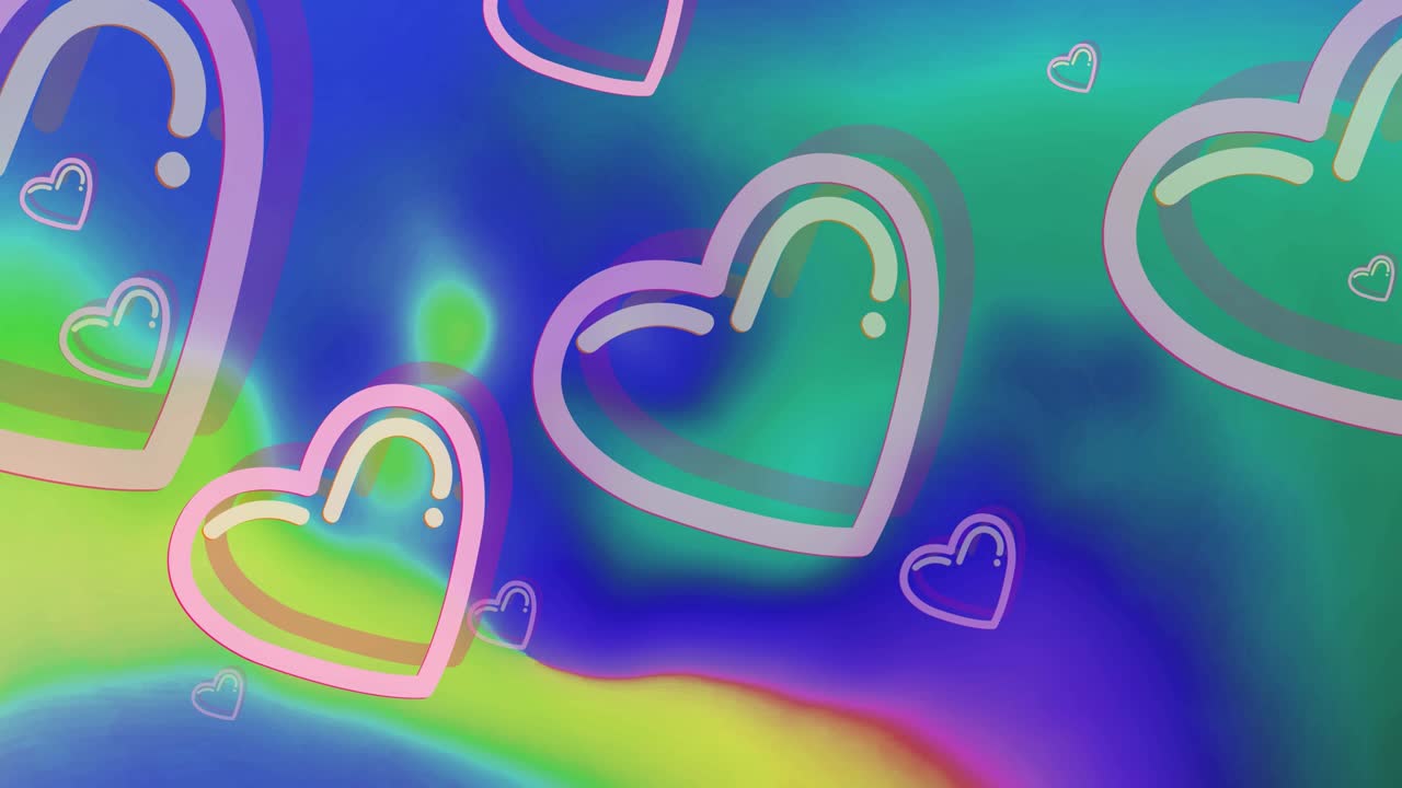 다채로운 배경에 움직이는 분홍색 심장의 애니메이션