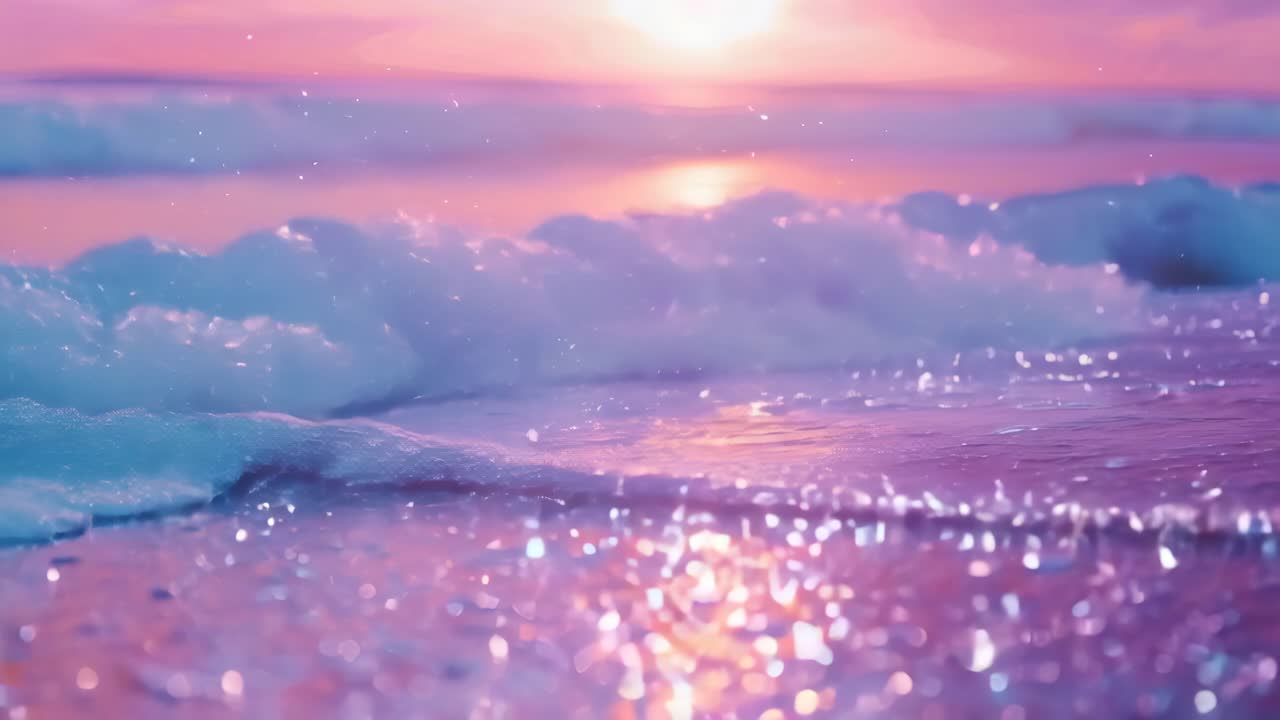A dreamy, low-angle video captures waves gently lapping the shore at sunset, with a soft pink