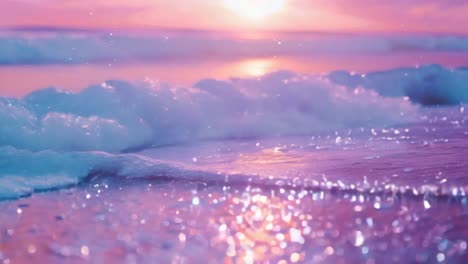 a dreamy, low-angle video captures waves gently lapping the shore at sunset, with a soft pink