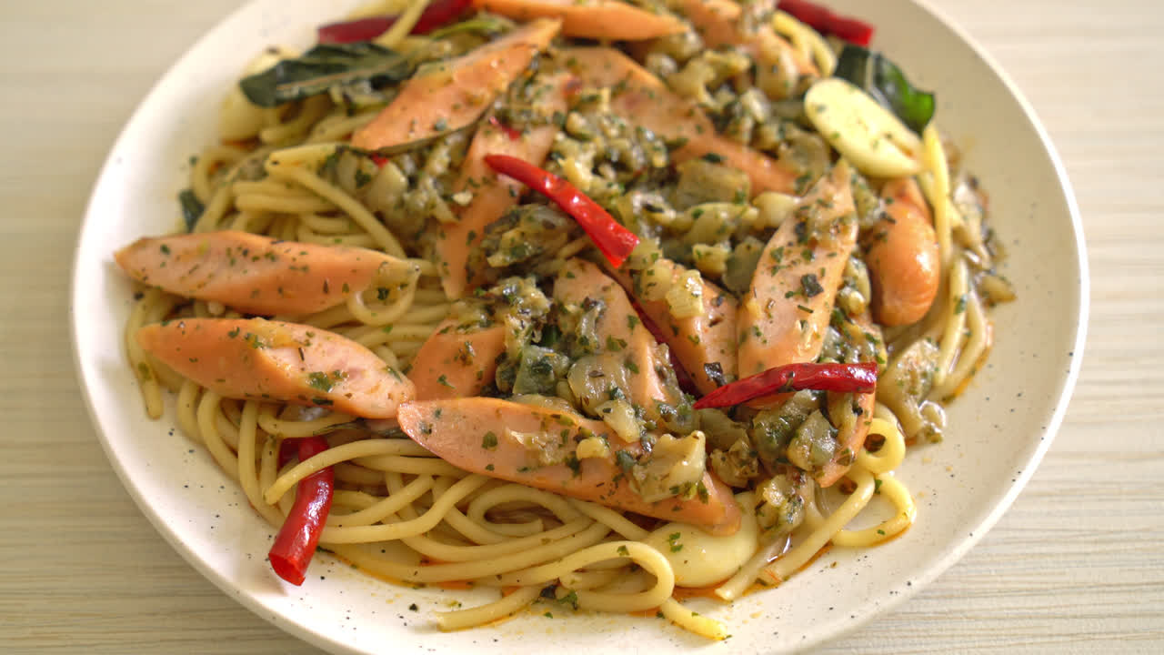 마늘 과 소시지 를 넣은 집 에서 만든 스파게티