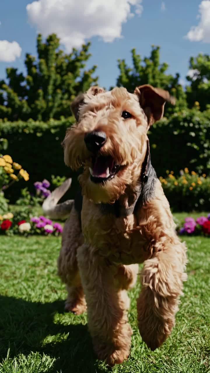 Perro juguetón corriendo hacia la cámara en un jardín, capturado en contrapicado.
