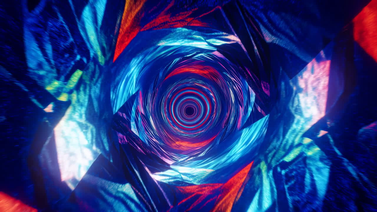 Kaleidoscopic Crystal Tunnel Pulses With Neon Rings, Concentric Prisms Refract Vibrant Blues And Magentas,
