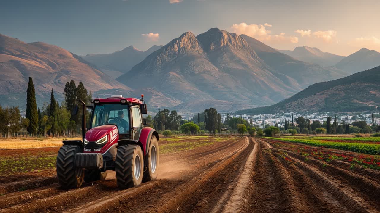Un Trattore Rosso Che Ara i Campi Circondato da Montagne Maestose e Paesaggi Verdeggianti in un Sereno Contesto Agricolo al Tramonto