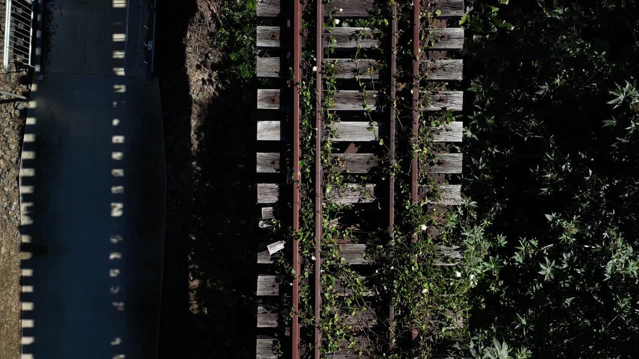 Overhead View of Railway Tracks and Adjacent Walkway