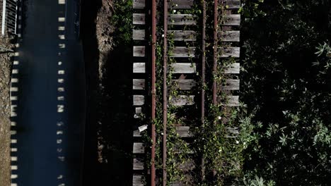 overhead view of railway tracks and adjacent walkway