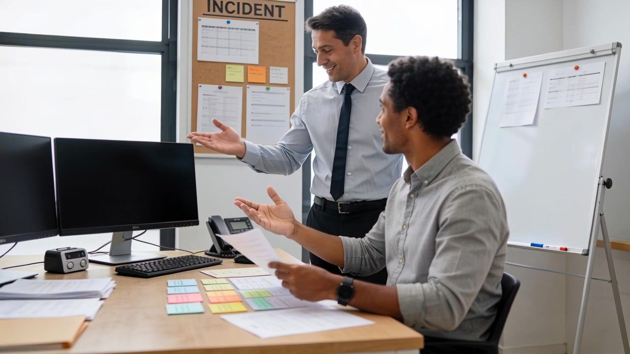 Approaching manager in tie gesturing toward papers at office desk, seated worker reviewing incident