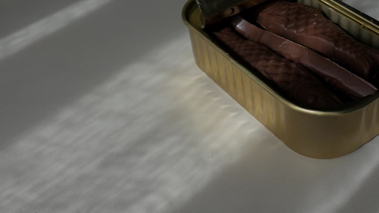 Chocolate sardines in tin, shadow play on white surface, calm mood