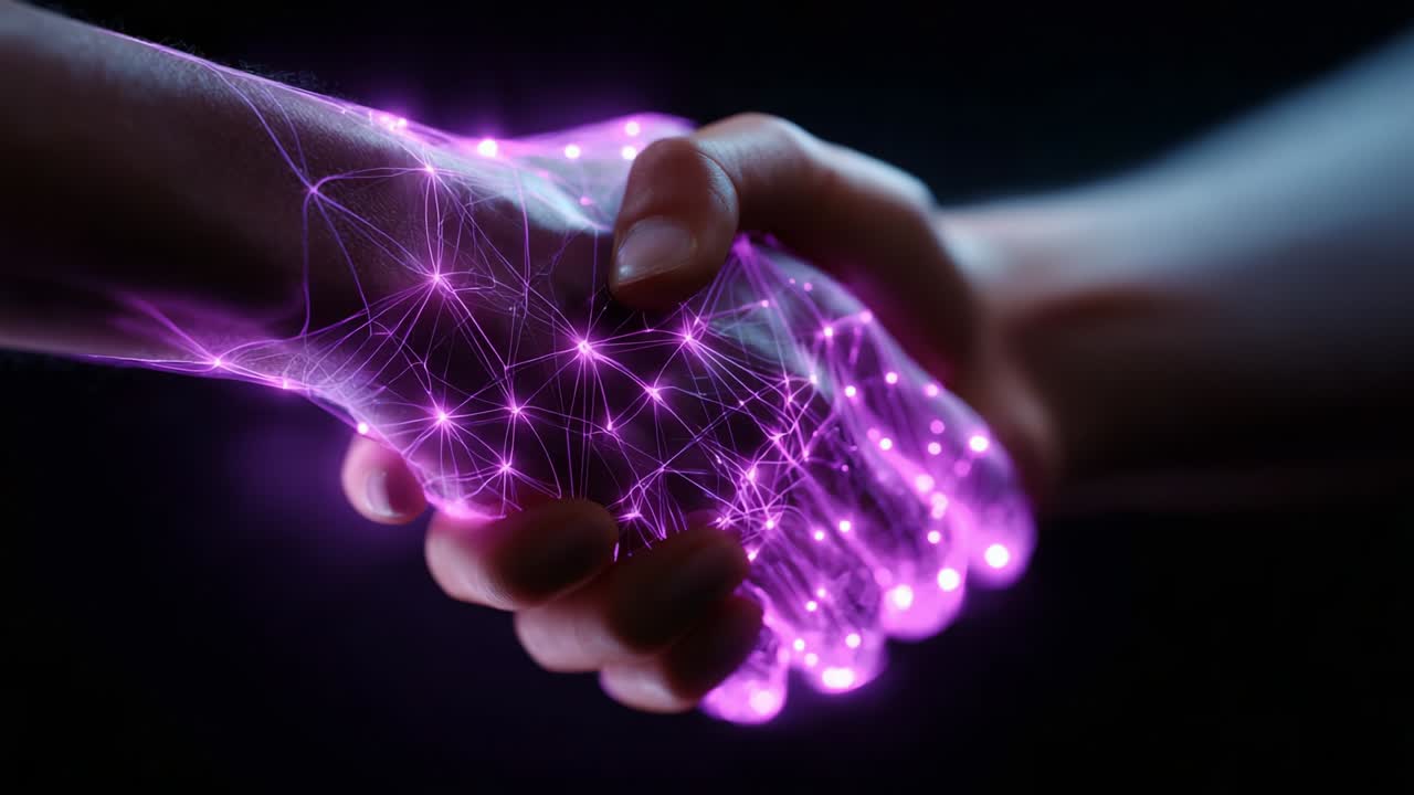 A mesmerizing display of connection, this image showcases two hands clasped together firmly, radiating a vibrant glow of purple light intertwined with intricate lines and luminous nodes, symbolizing unity and collaboration in a digital age
