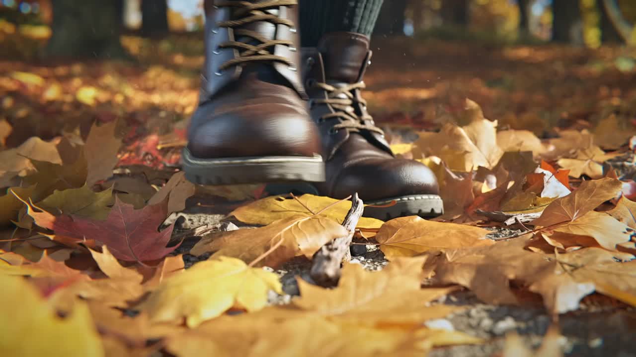 Lifting right brown leather boot following brief rest, crushing leaves on woodland floor