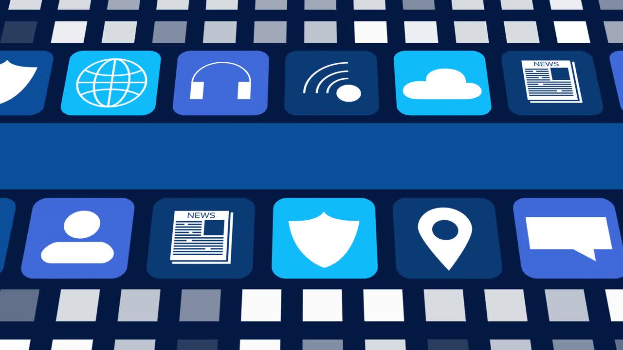 디지털 온라인 아이콘과 어두운 파란색 배경에 움직이는 파란색 줄무 ⁇ 의 애니메이션